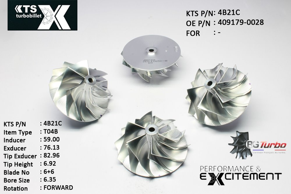 Turbo ROUE FORGÉE MFS PERFORMANCE - 6+6 PALES - INDUCER : 59 - EXDUCER : 76,13 - TYPE : T04BANGLE : 60° - ROTATION : Forward - SUPER BACK : 1,68 - BORE SIZE : 6,35
